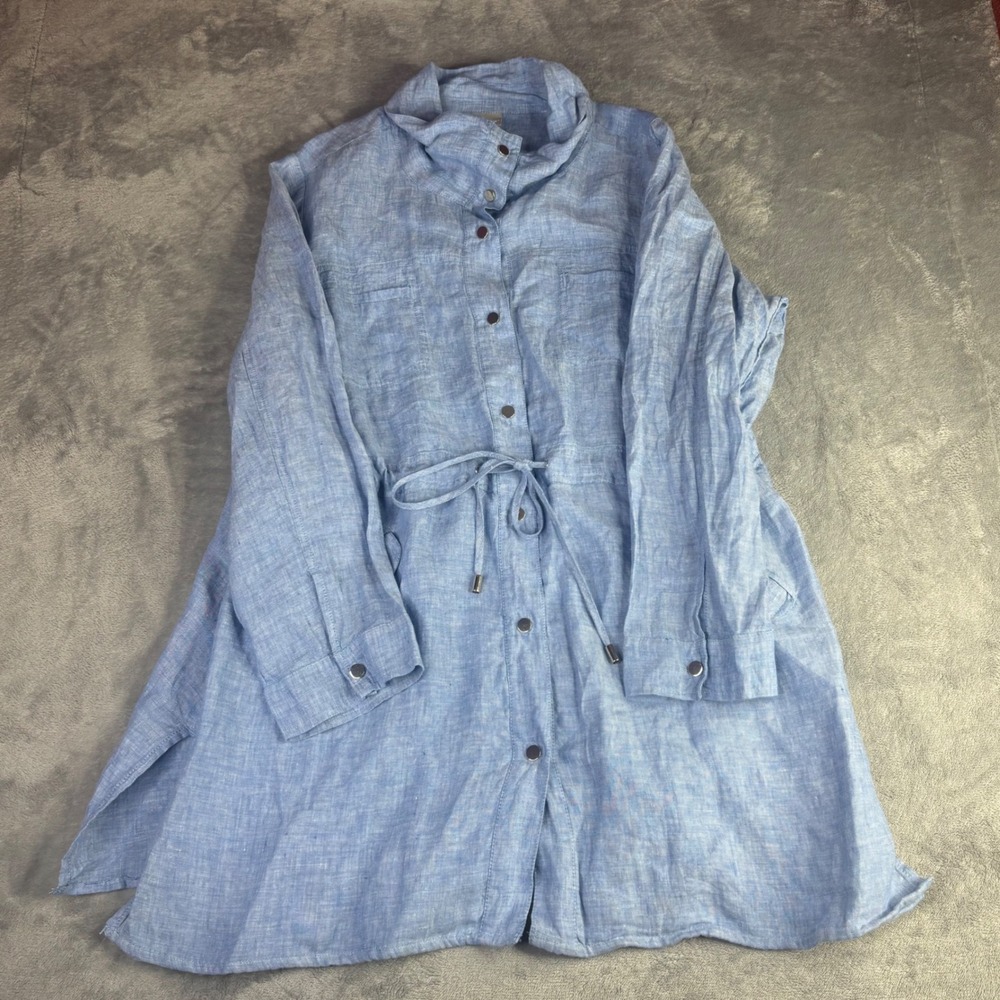Chico's Linen Shirt Jacket Women 3 L XL Blue Drawstring Waist Longline Shacket
